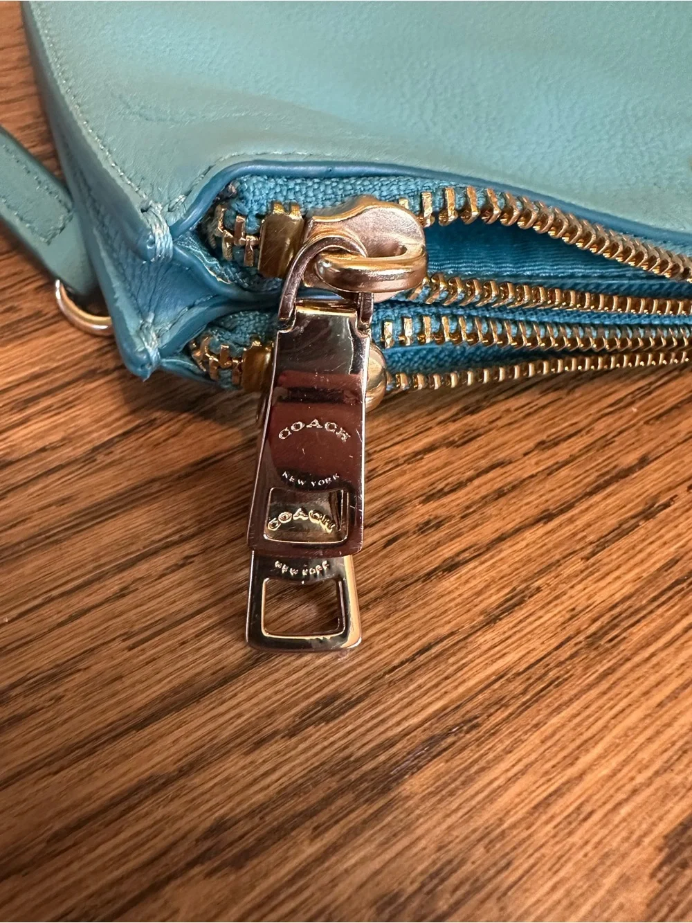 Coach Lyla Teal Pebbled Leather Double Zip Crossbody Purse